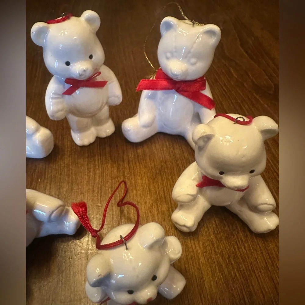 Vintage White Bear Ornament Set with Red Accents